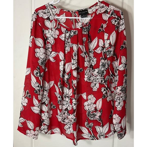 Liz Claiborne Red Multi Color Floral Semi Sheer Long Sleeve Coquett Top M - Picture 1 of 7